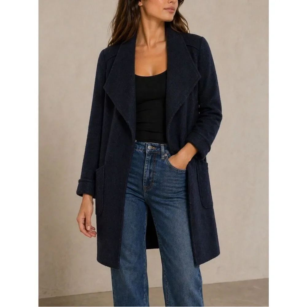 Zara Navy Blue Waterfall Wool Blend Long Open Front Boucle Textured Coat